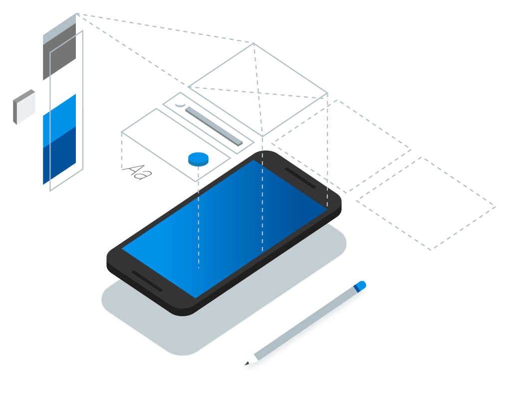 Illustration with a mobile phone, a pencil, and an abstract drawing of widgets.